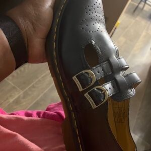 Dr. Martens Black Leather Double-Buckle Mary Jane Flats with Yellow Stitching